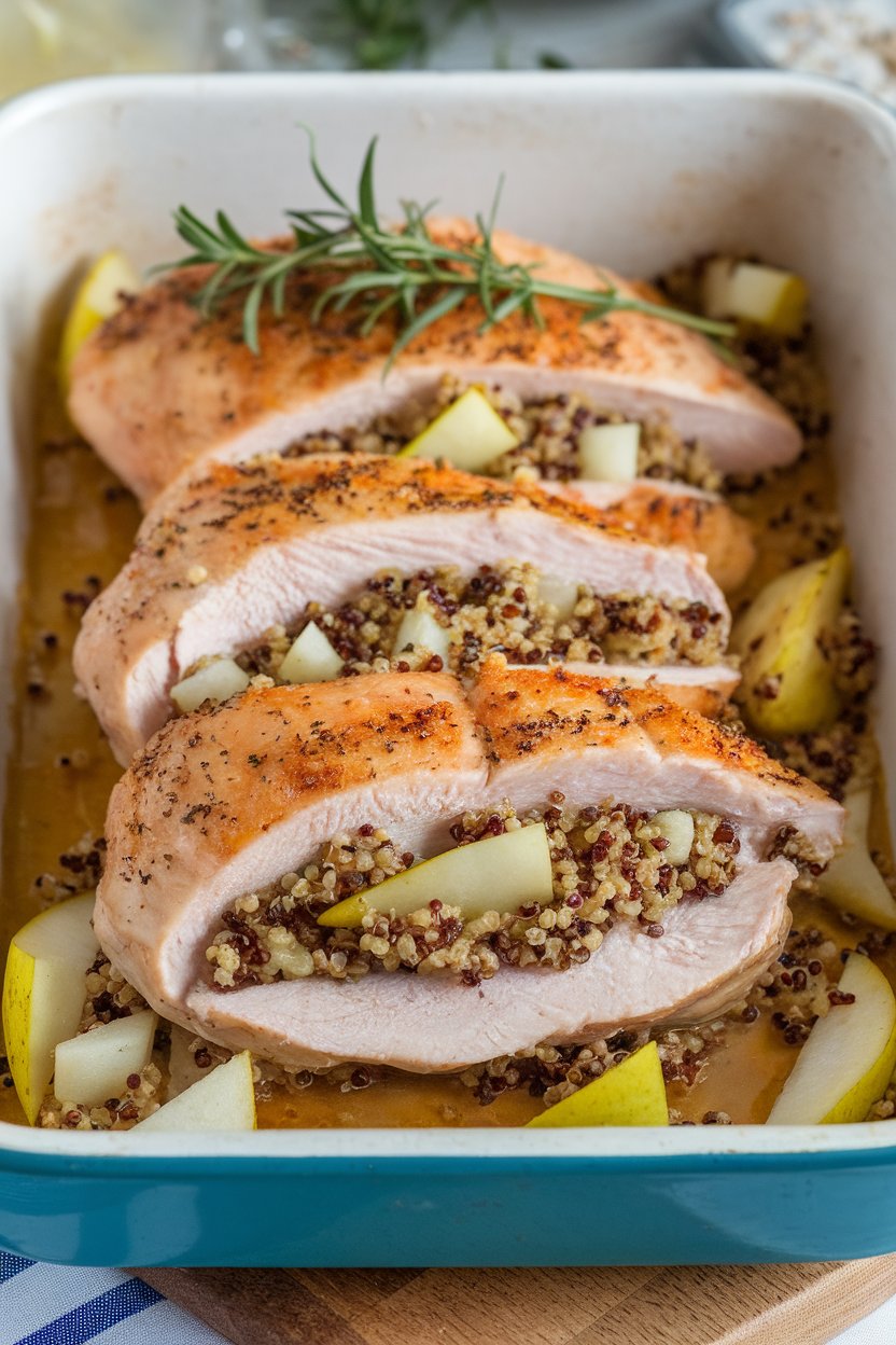 An indoor baking dish featuring cooked chicken breasts stuffed with diced pear and quinoa, sliced to show the filling. Photo, no text or logos.