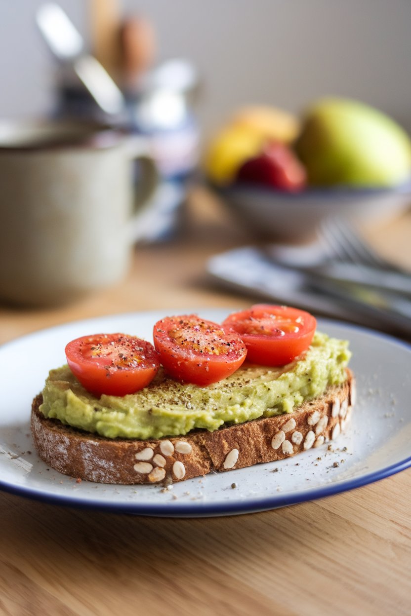 A warmly lit indoor breakfast plate featuring mashed avocado on whole-grain toast, topped with halved cherry tomatoes and cracked black pepper. Photo, no text or logos.
