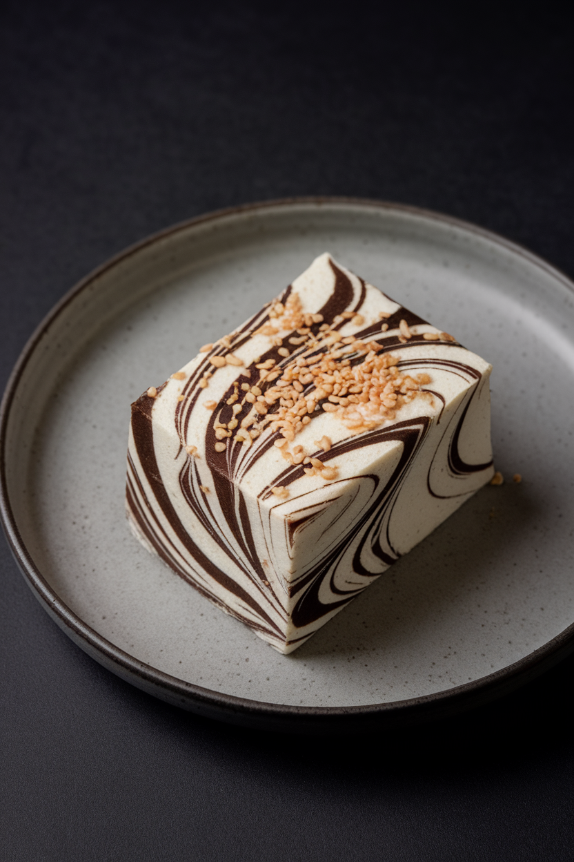 An indoor modern dessert plate with a marbled slice—white vanilla crumb swirled with black-sesame paste—and a sprinkling of sesame seeds. No text or logos. Photo, not illustration.
