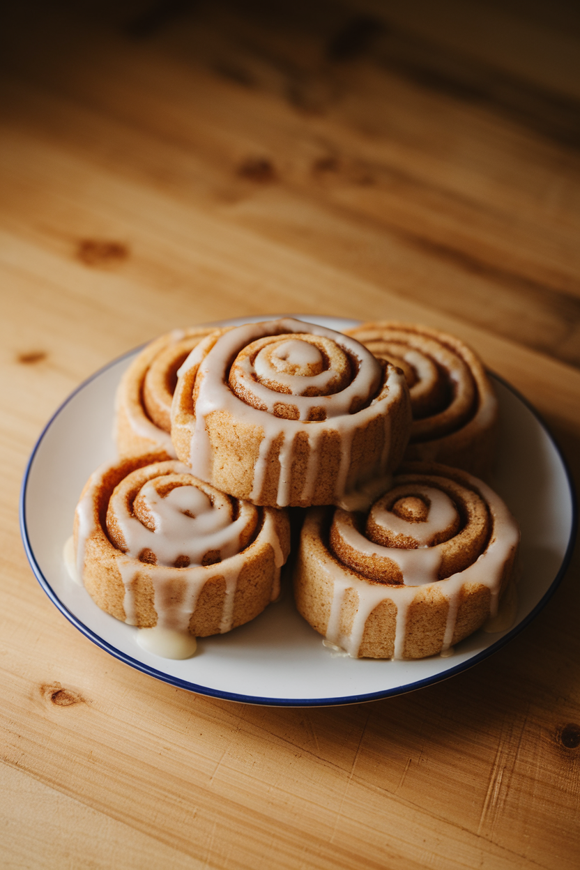 Indoor plate of spiral cinnamon roll cookies drizzled with vanilla glaze; warm, soft lighting, no logos. Photo, not illustration.