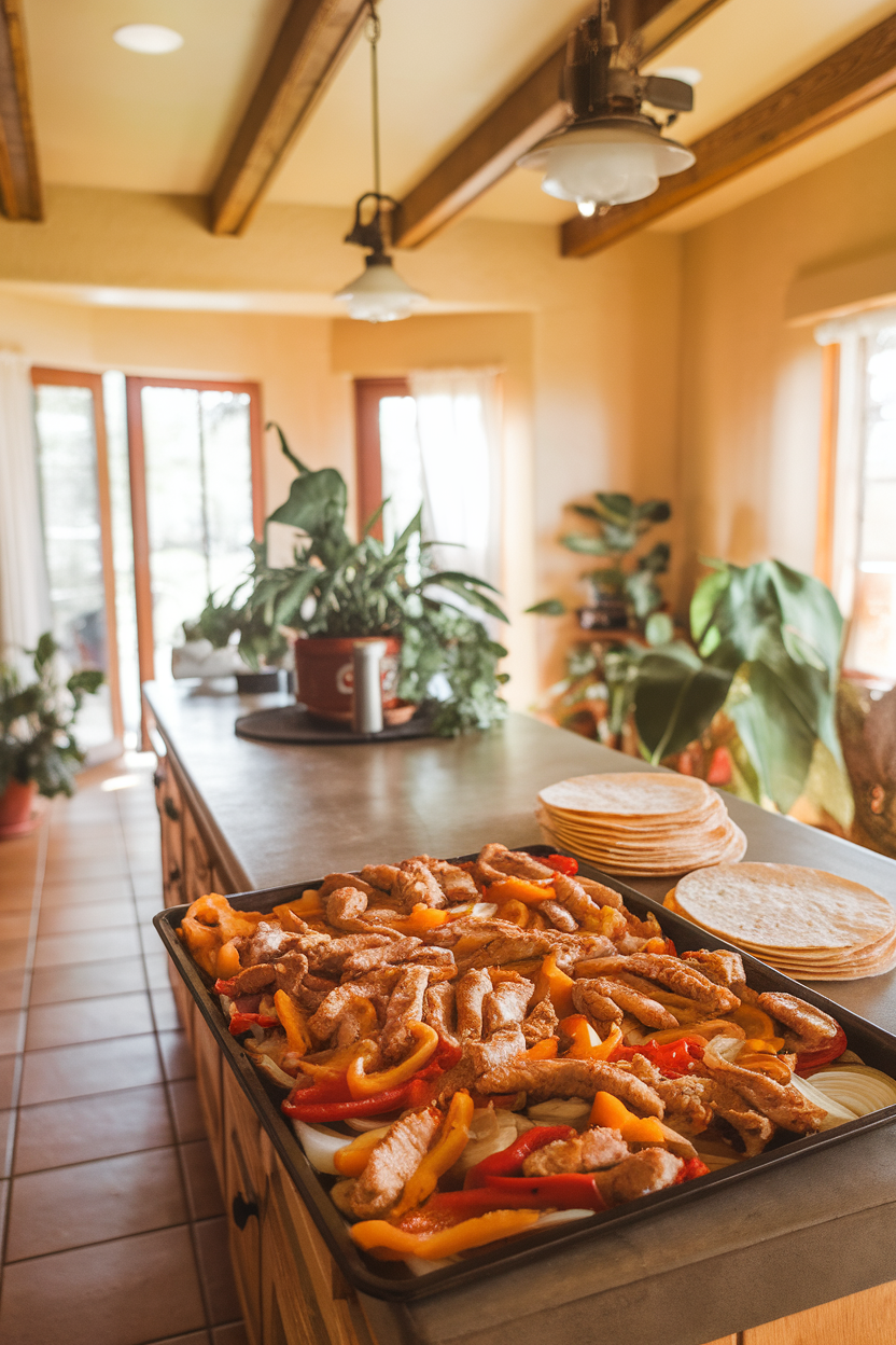 Warmly lit indoor kitchen island featuring a sheet pan piled with roasted chicken strips, bell peppers, and onions, tortillas stacked on the side. No text or logos on cookware.