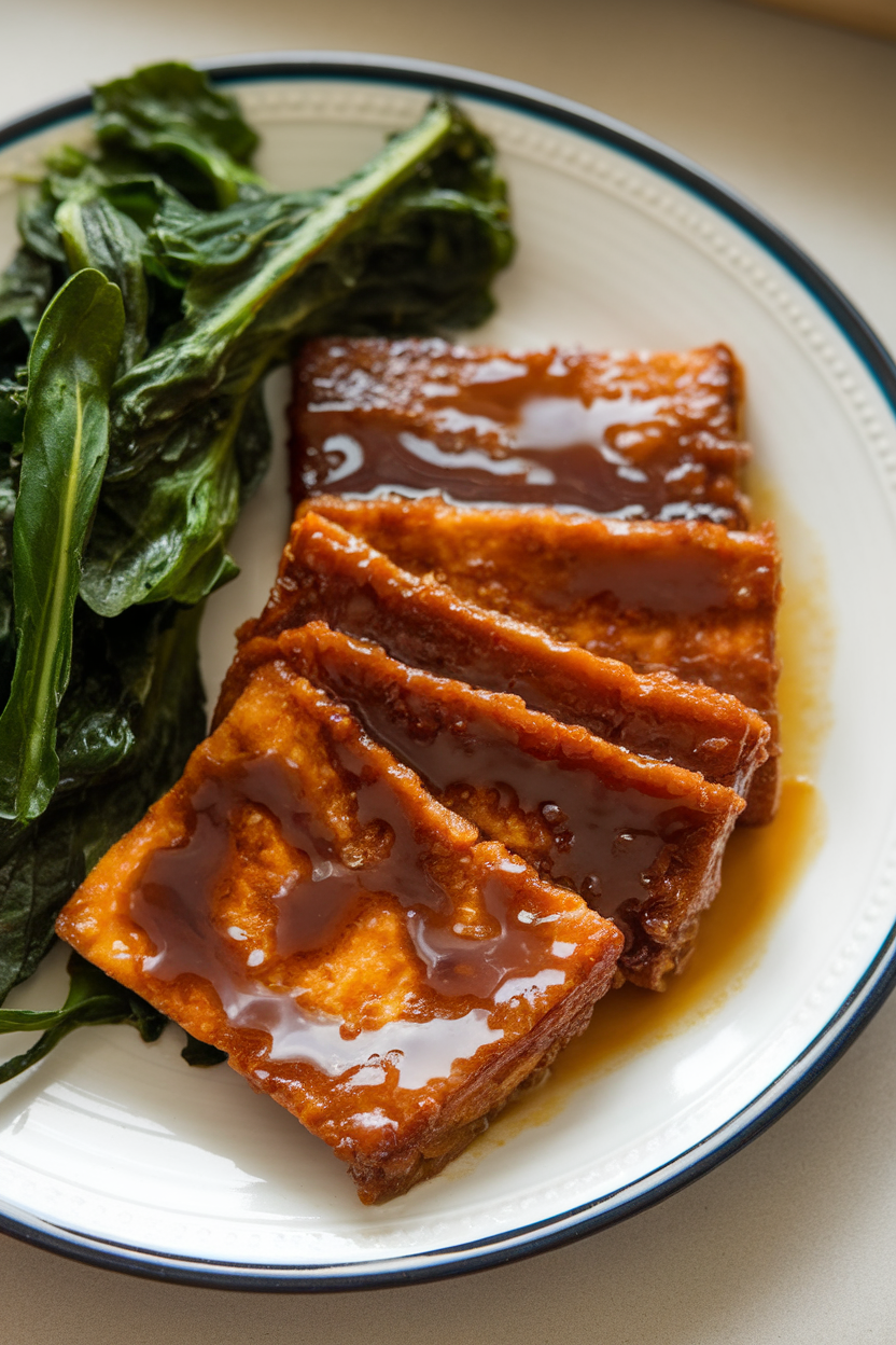 An indoor dinner plate featuring caramelized tempeh slices coated in a shiny maple glaze, served alongside steamed greens. No text or logos. Photo only.
