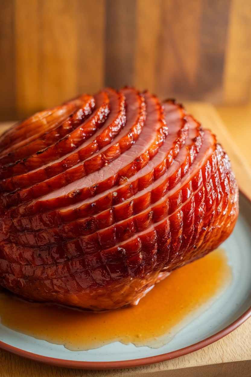 Indoor photo of a glossy spiral-sliced ham with maple glaze pooling on a serving plate, soft warm lighting, no text or logos