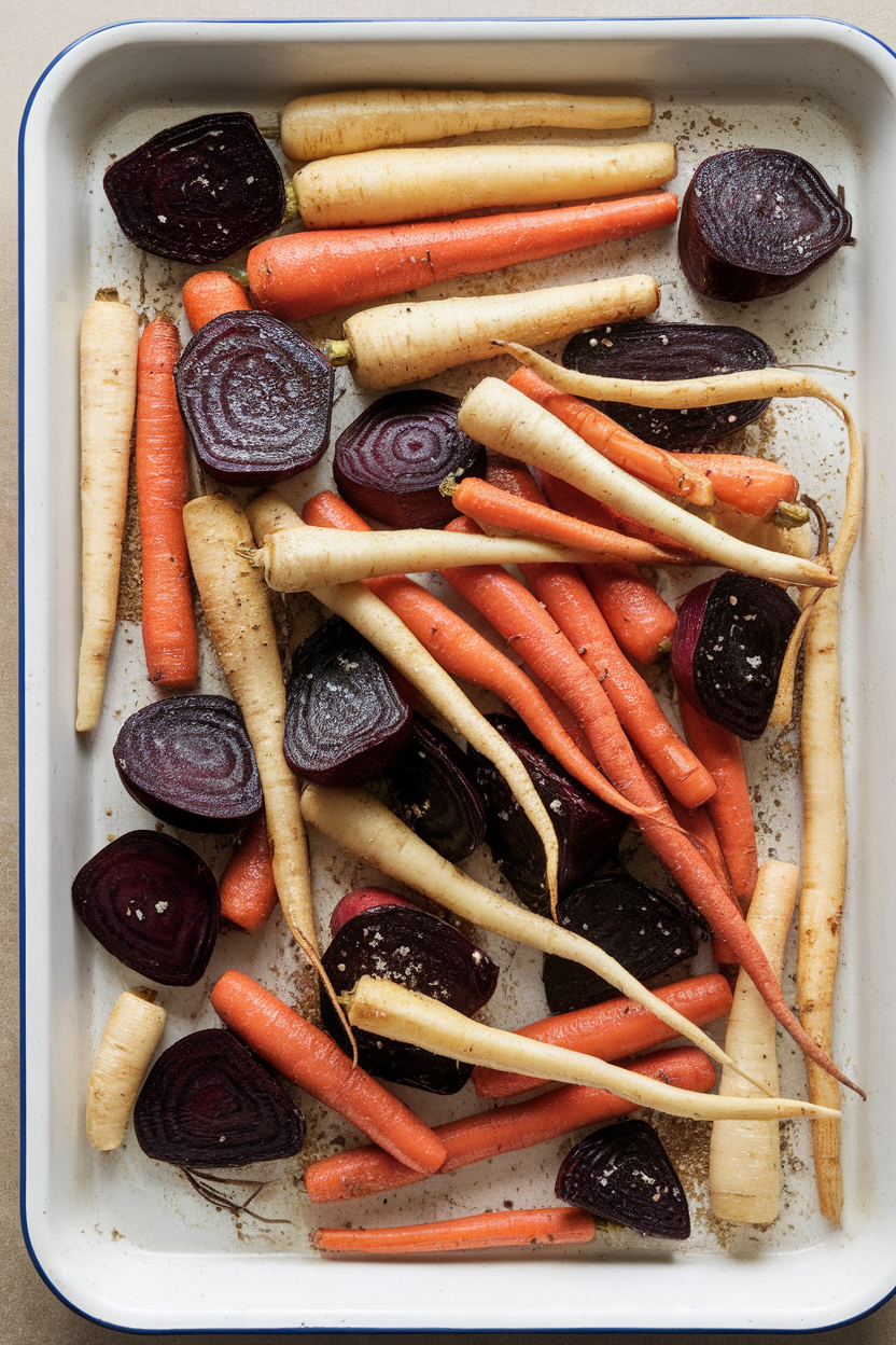 An indoor oven tray piled high with assorted roasted root vegetables—carrots, parsnips, and beets—edges caramelized, no logos.