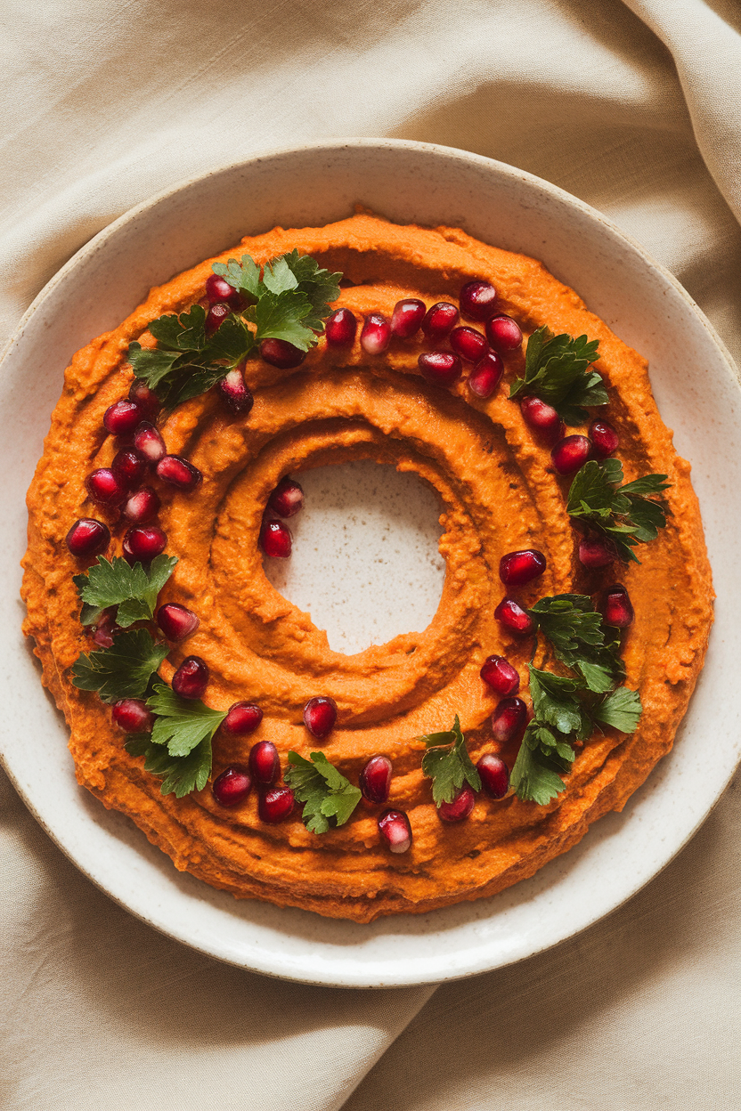 A round white platter indoors displaying a wreath-shaped swirl of roasted red pepper hummus, dotted with parsley and pomegranate arils for a festive touch; no text or logos.
