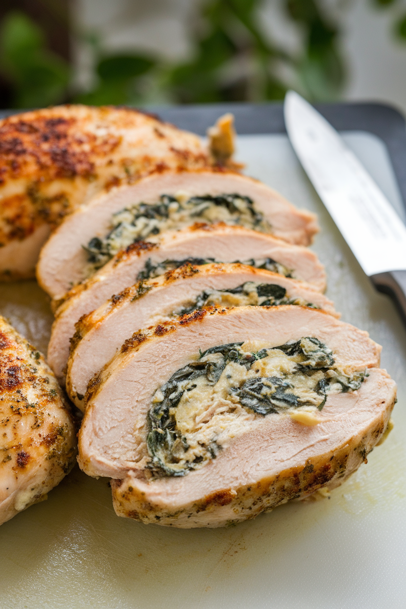 Photo of sliced chicken breasts revealing creamy spinach-artichoke filling, indoor cutting board. No text or logos.</Prompt
