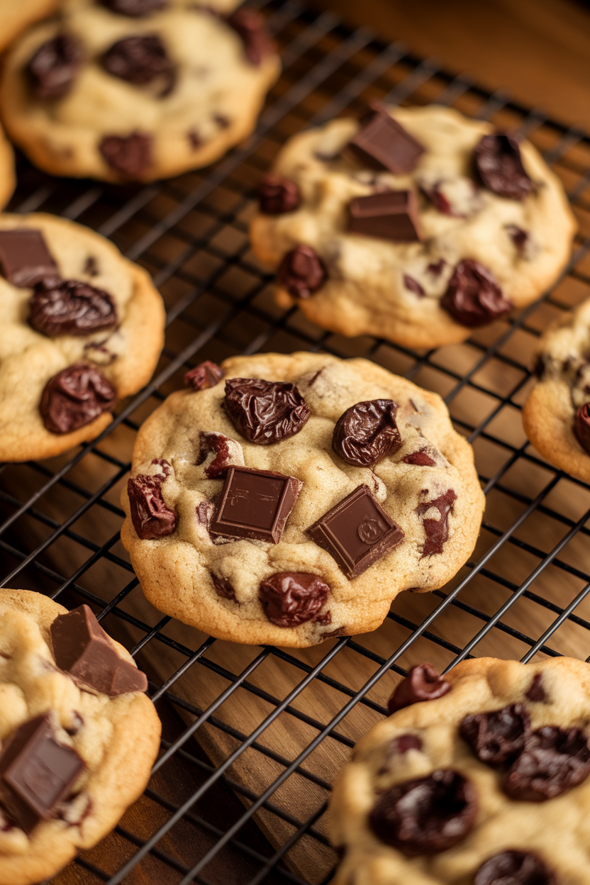 Cookies studded with dark chocolate chunks and dried cherries on a cooling rack indoors, warm lighting. No logos or text.