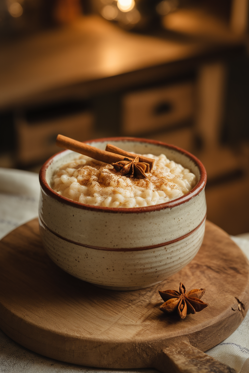 A ceramic bowl indoors of creamy rice pudding topped with cinnamon stick and star anise, warm lighting. No text or logos. Photo.