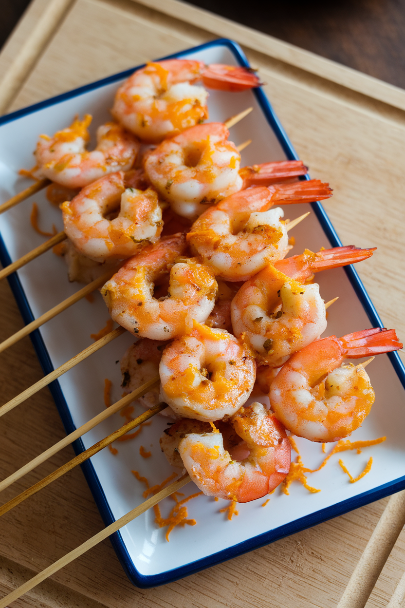 Indoor photo of skewered grilled shrimp glazed with citrus marinade, served on a rectangle plate with orange zest sprinkle. No text or logos.