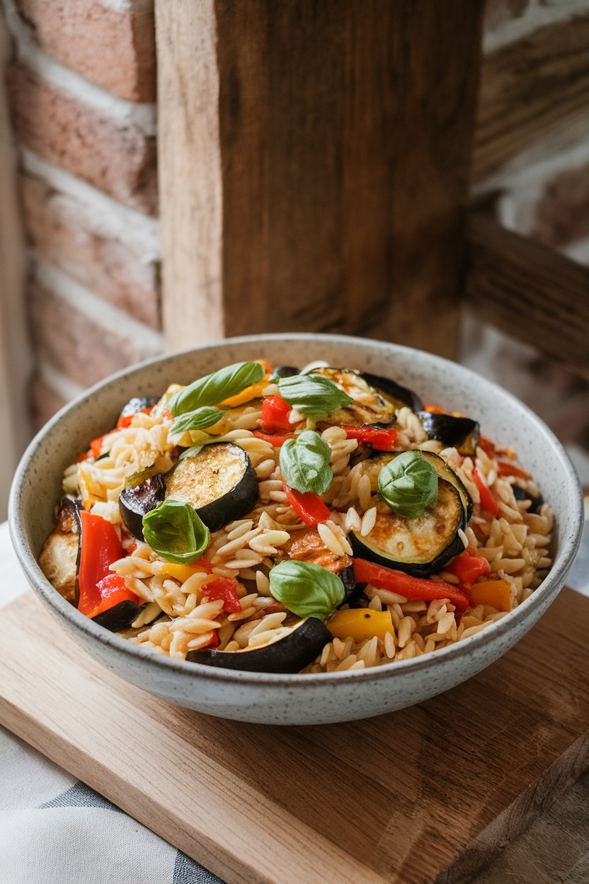 An indoor serving bowl containing orzo pasta mixed with roasted zucchini, eggplant, and bell peppers, sprinkled with basil ribbons. No text or logos; photo only.