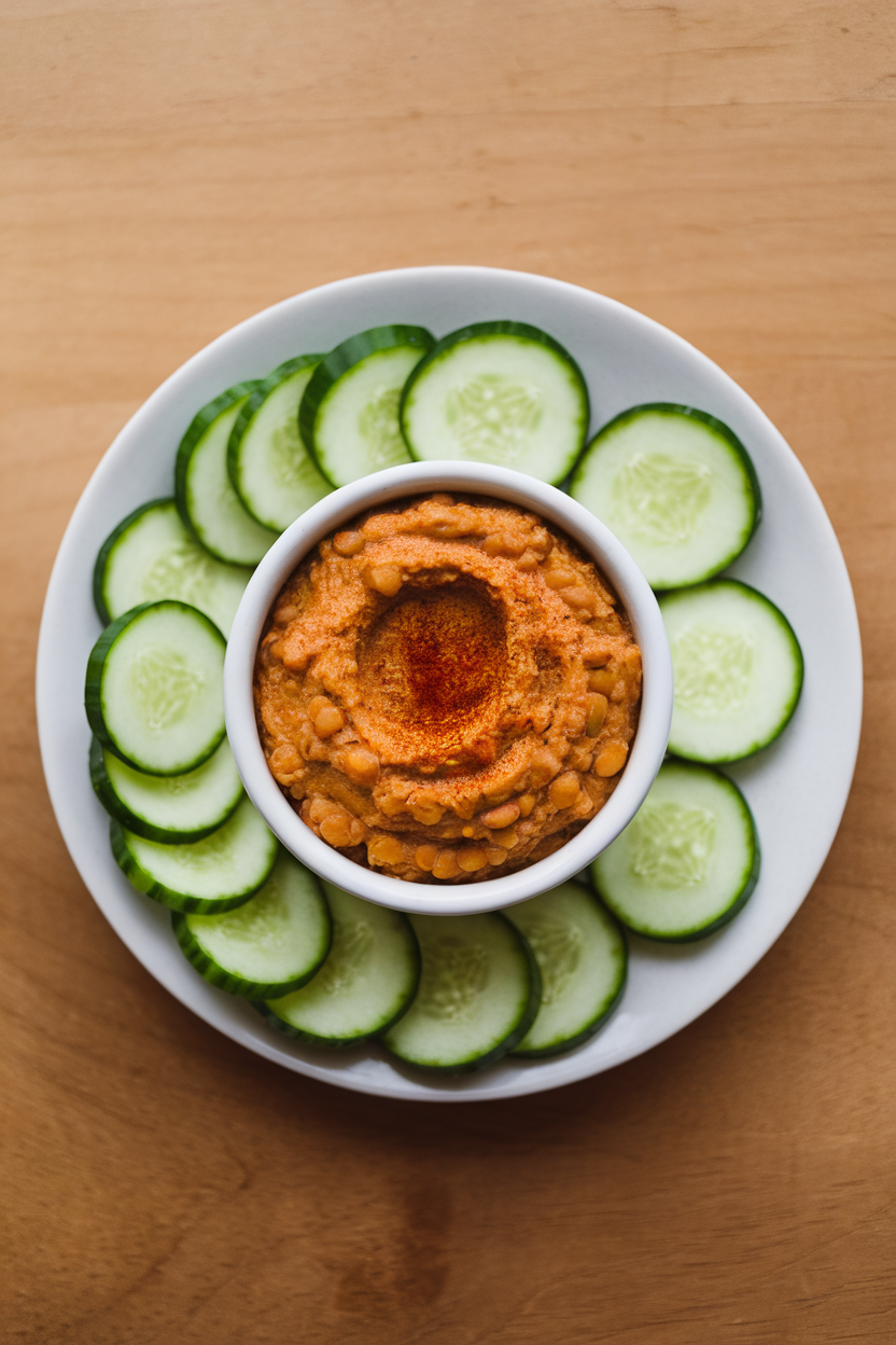 Indoor photo of a small bowl of thick red lentil dip garnished with paprika, accompanied by cucumber slices; overhead light, no text or logos
