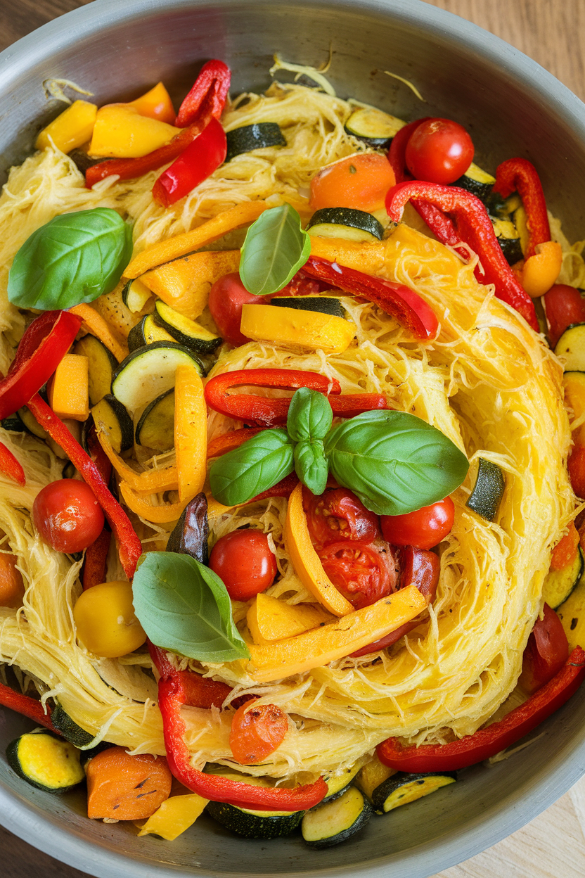 An indoor photo of roasted spaghetti squash strands tossed with colorful seasonal vegetables and fresh basil in a large bowl. No text or logos.