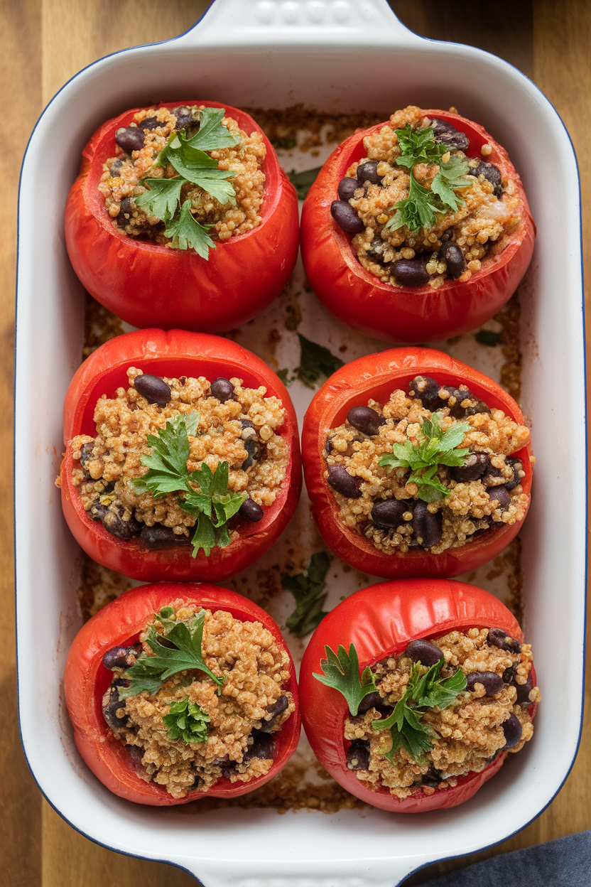 Indoor casserole dish holding large baked tomatoes filled with quinoa and black beans, garnished with parsley, overhead. No text or logos.