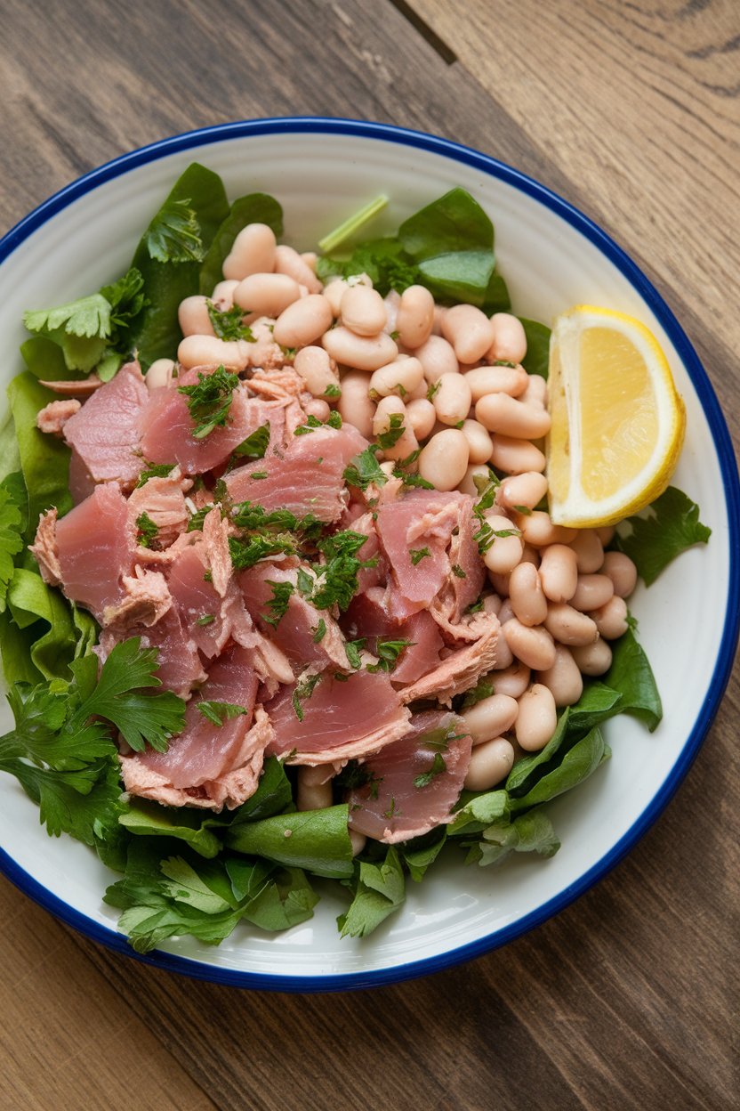 A ceramic indoor salad plate showcasing flaked cooked tuna, cannellini beans, chopped parsley, and lemon zest. No text or logos.
