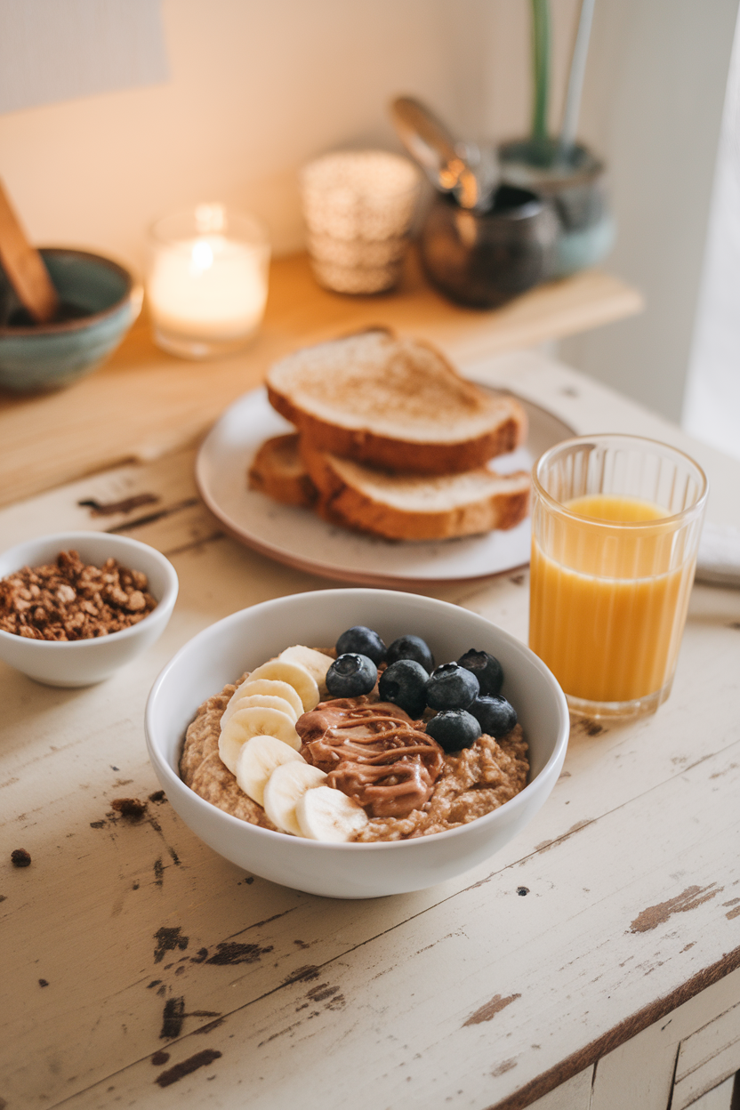 Photo of an indoor breakfast spread featuring a bowl of oatmeal topped with sliced banana, blueberries, and a drizzle of almond butter, no text or logos.