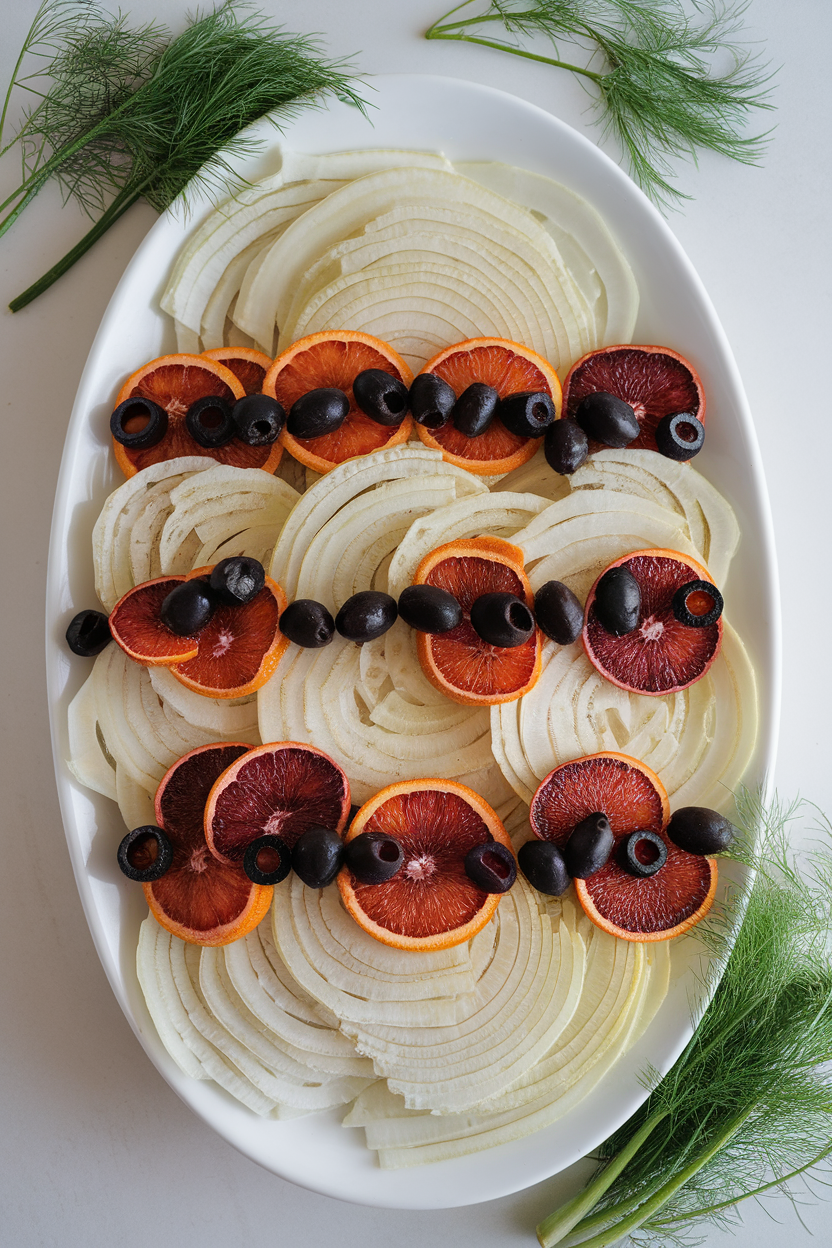 Indoor photo of thin fennel slices, blood orange rounds, and black olives layered on a white platter with fennel fronds; overhead light, no text or logos