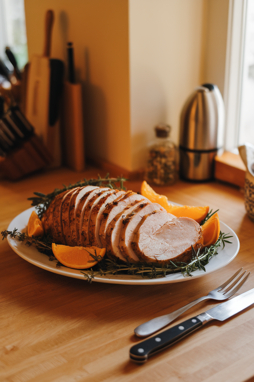 A warmly lit indoor kitchen counter displaying sliced, cooked turkey breast garnished with fresh thyme, rosemary, and orange wedges on a white platter. No text or logos.
