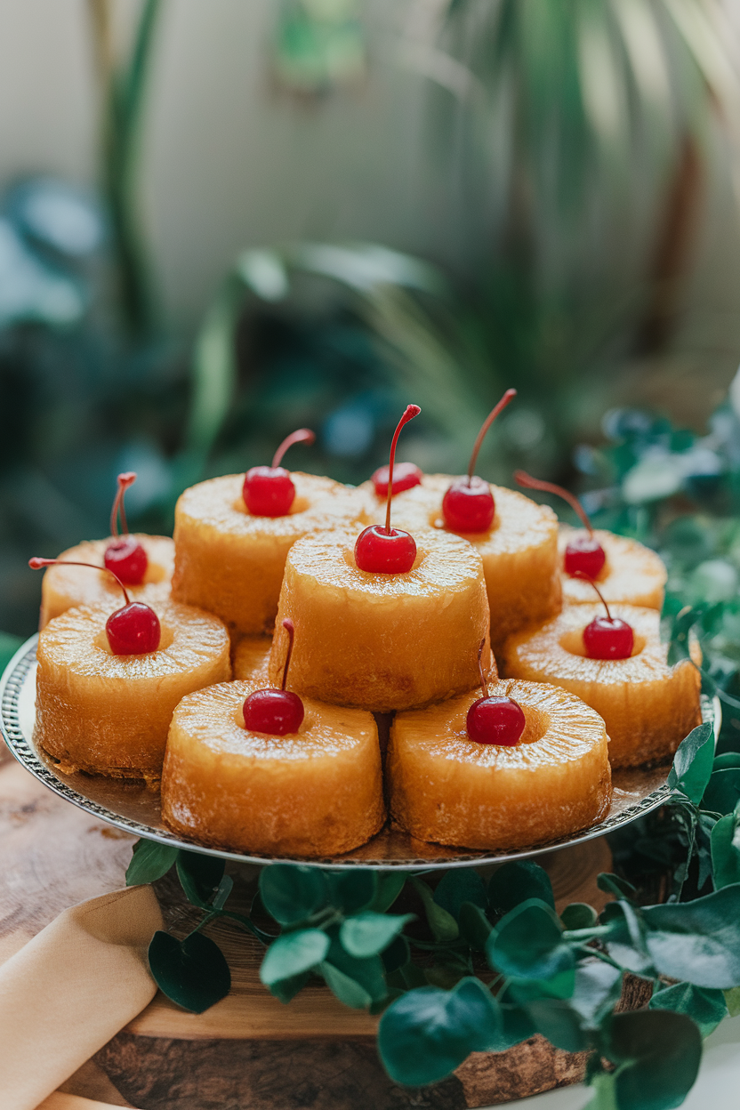 Indoor photo of individual upside-down cakes featuring caramelized pineapple rings and maraschino cherries, arranged on a platter, no text or logos