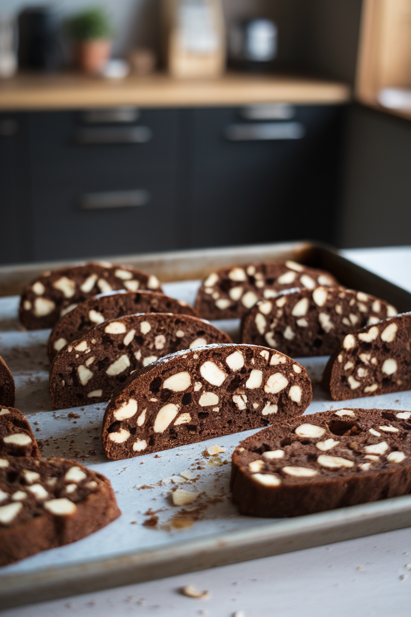 Photo prompt: Dark mocha biscotti slices with almond chunks on a baking tray indoors, no text or logos.
