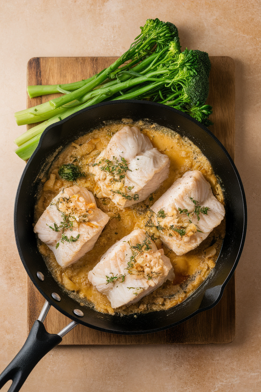 Indoor skillet showcasing cooked cod fillets in garlic-butter sauce beside bright green broccolini, overhead angle. No text or logos.