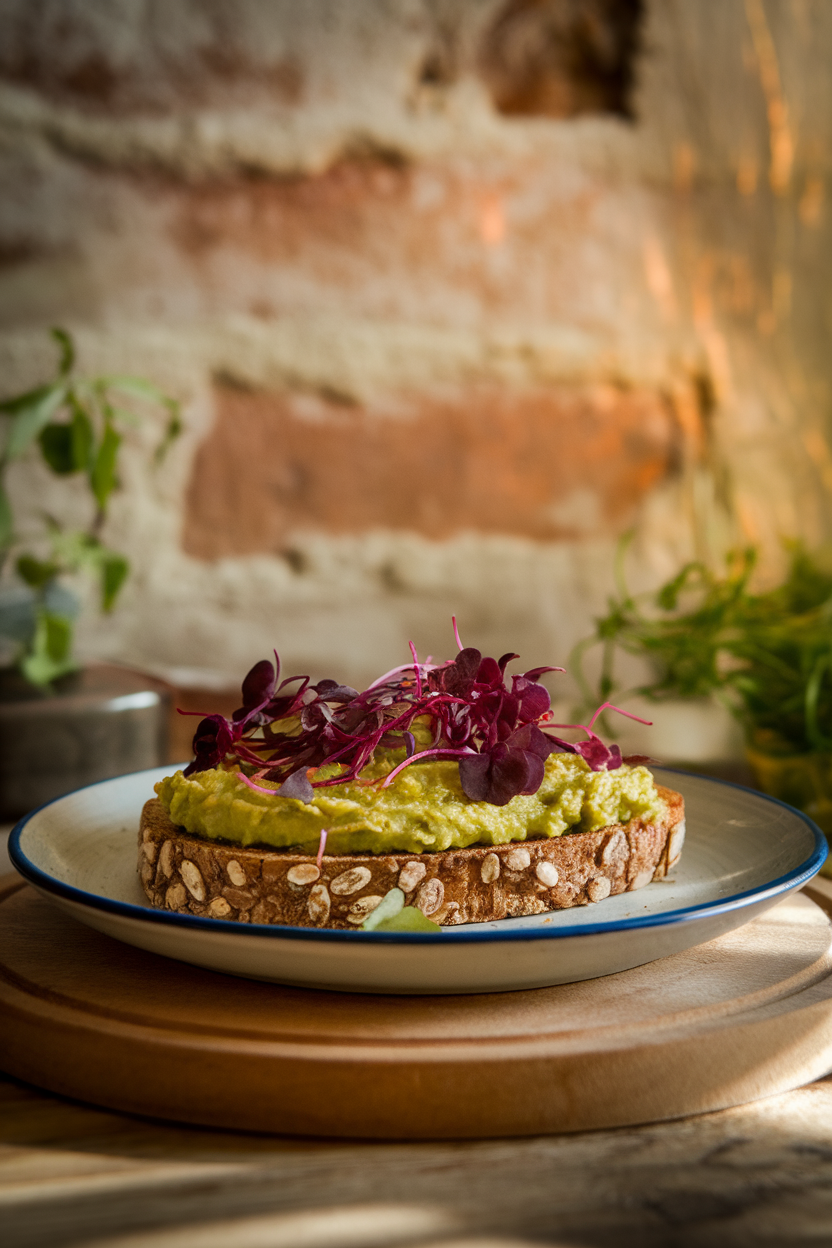 Indoor tabletop photo of whole-grain toast topped with mashed avocado and a sprinkle of vibrant microgreens, photographed in soft morning light, no text or logos.