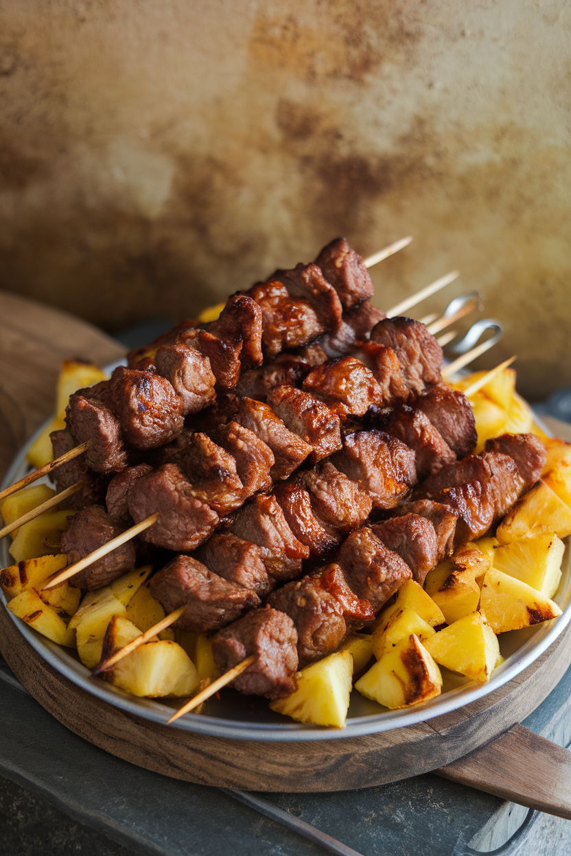 Indoor platter of beef kebabs glazed in jerk spices, interspersed with pineapple chunks. No text or logos; photo.