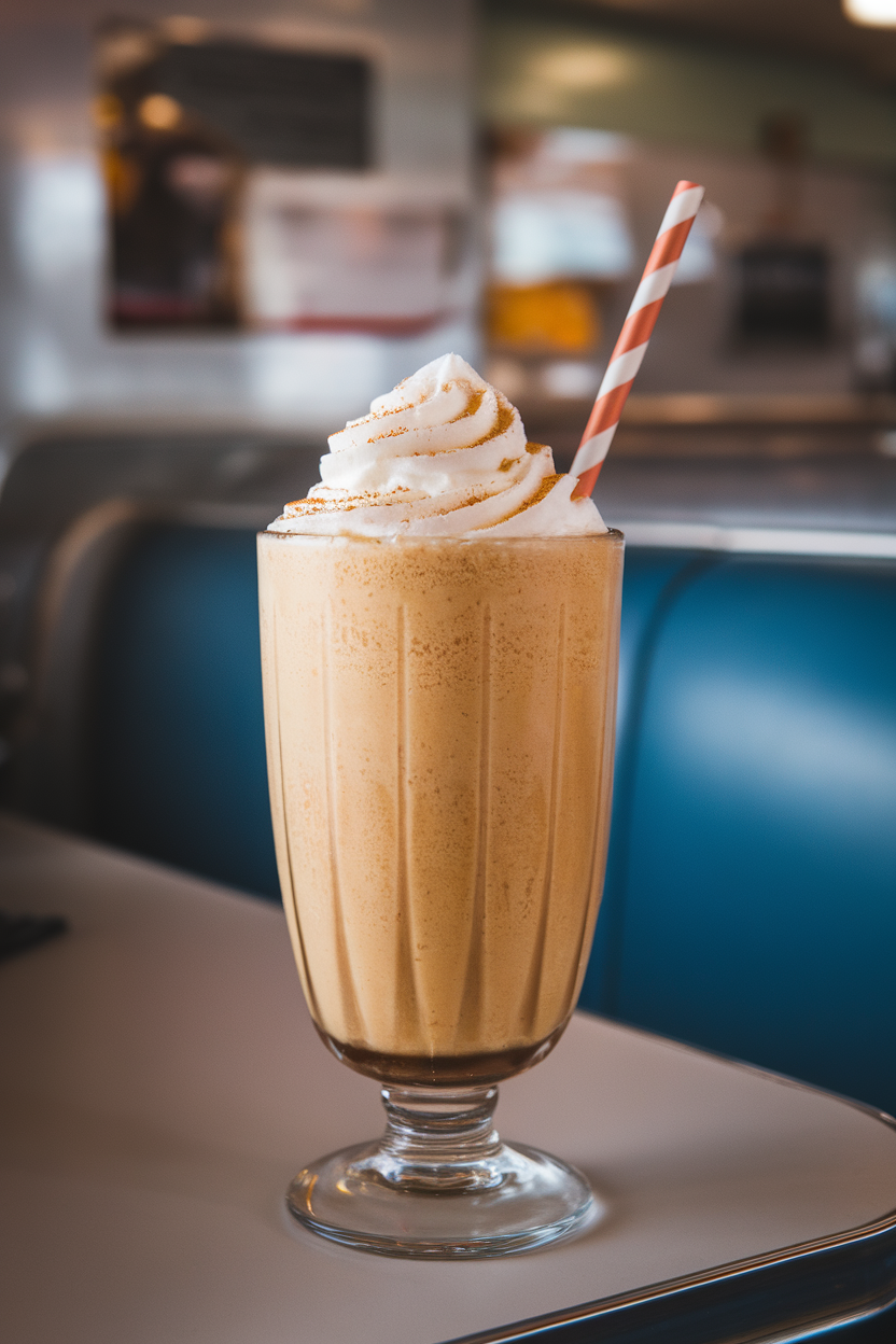 An indoor retro milkshake glass filled with thick pumpkin pie milkshake, whipped cream swirl and nutmeg sprinkle, striped straw. Photo, no text or logos.