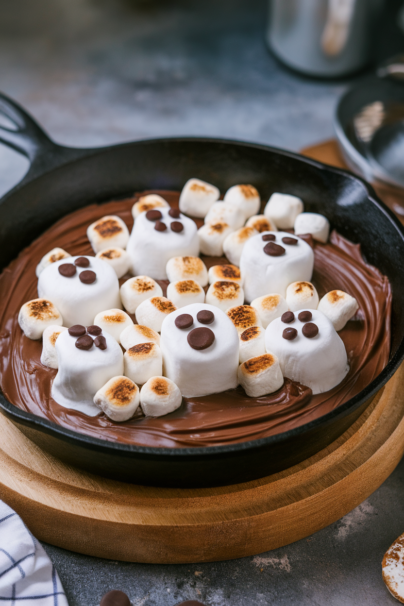 An indoor cast-iron skillet filled with melted chocolate and toasted marshmallows, some marshmallows decorated as ghosts with chocolate eyes, no text or logos.
