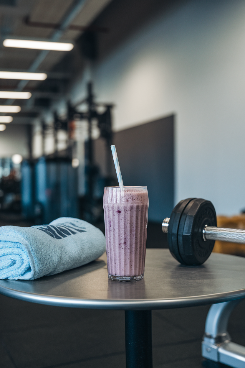 Indoor gym café corner with a post-workout blueberry protein shake on a table, towel and dumbbell nearby, no text or logos. Photo.