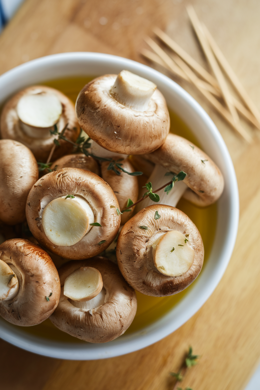 Indoor bowl of button mushrooms glistening with olive oil, garlic, and thyme, toothpicks nearby for serving. Soft overhead light, no branding.