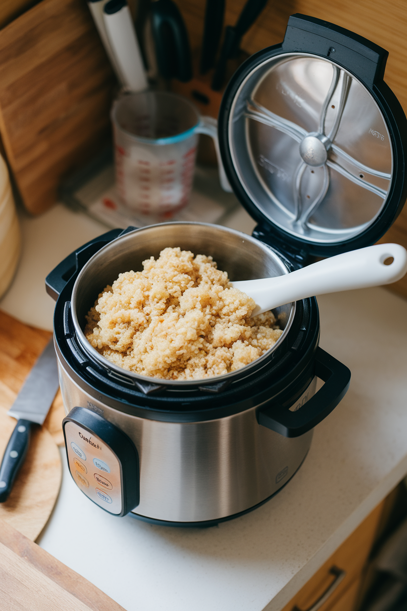 Indoor countertop shot of a rice cooker with fluffy quinoa in the pot, rice paddle resting, no text or logos.