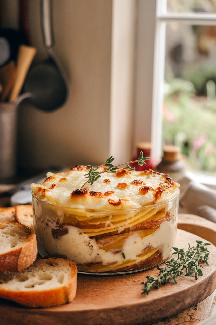 Warm indoor image of a gratin dish layering thin potato rounds and caramelized leeks, cream bubbling at edges, cheese browned on top. No text or logos.