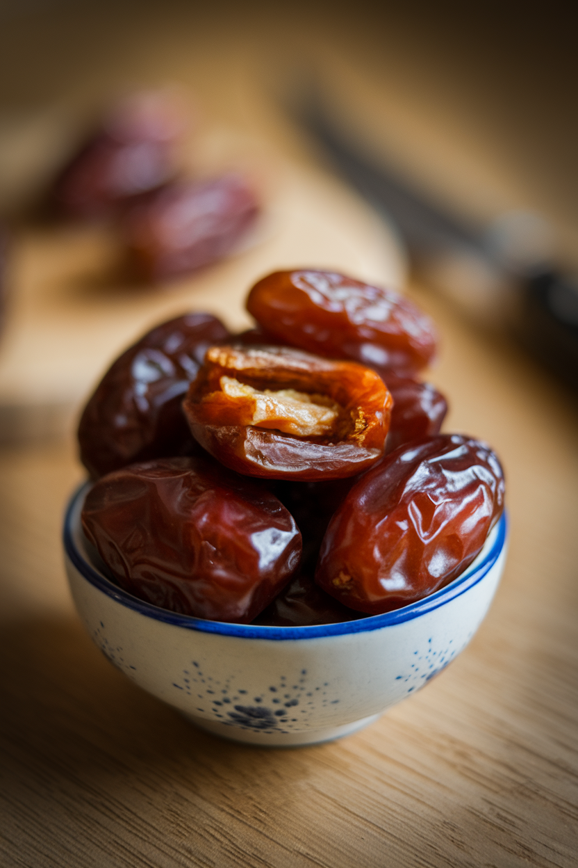 A small indoor bowl overflowing with glossy Medjool dates, one torn open to reveal soft interior, no text or logos, photo.