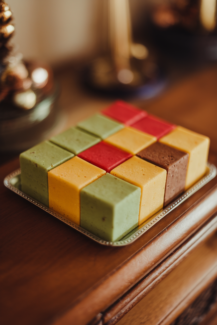 Indoor shot of colorful fruitcake cubes laid out like tiles on a small tray, no text or logos