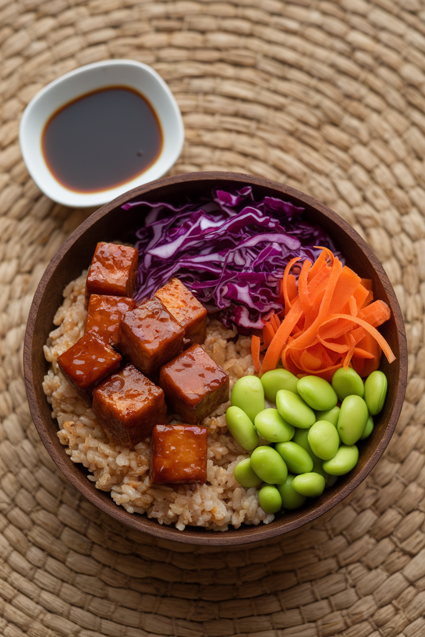 Indoor serving bowl containing brown rice, glazed tofu cubes, shredded purple cabbage, carrot ribbons, and edamame, drizzled with teriyaki sauce. No logos or text; photo.