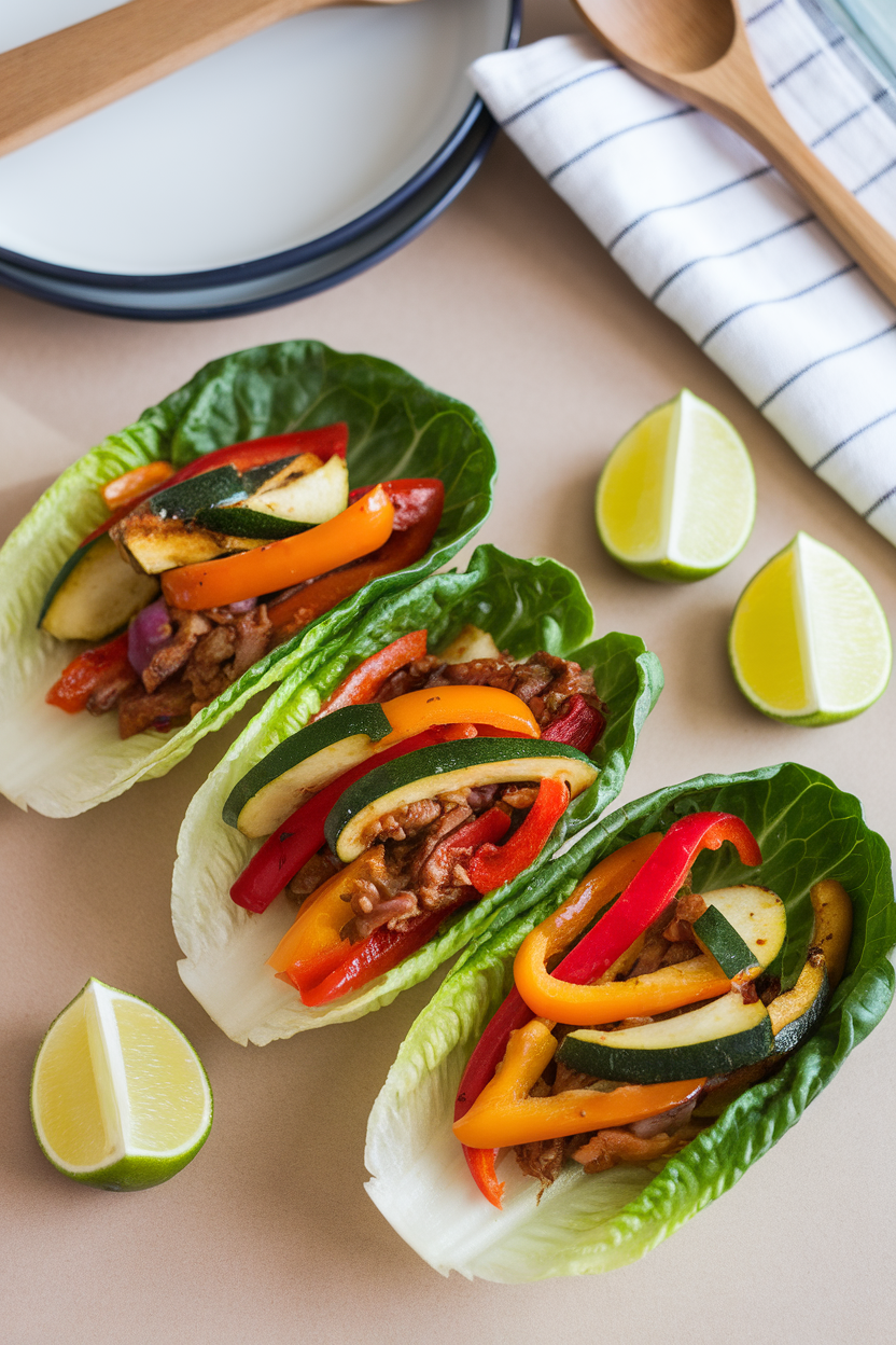 Indoor taco night setup with romaine leaves filled with sautéed bell peppers, onions, and zucchini, lime wedges nearby. No logos or text; photo.