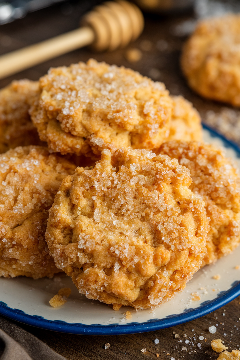Indoor plate of golden cookies rolled in coarse sugar, giving them a sparkling exterior, honey dipper visible in background. Photo, no text or logos.