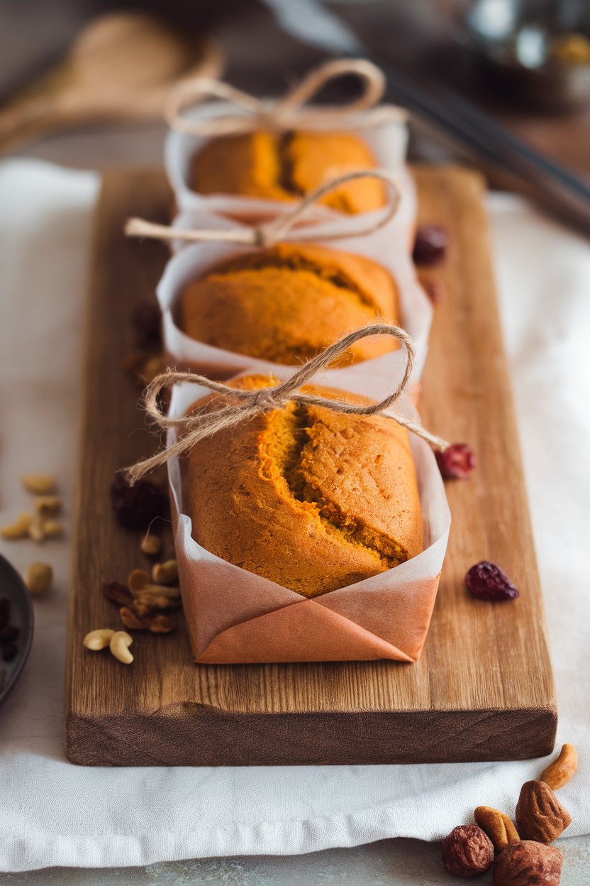 An indoor wooden board holding small pumpkin banana bread loaves wrapped in parchment and tied with twine. Photo, no text or logos.