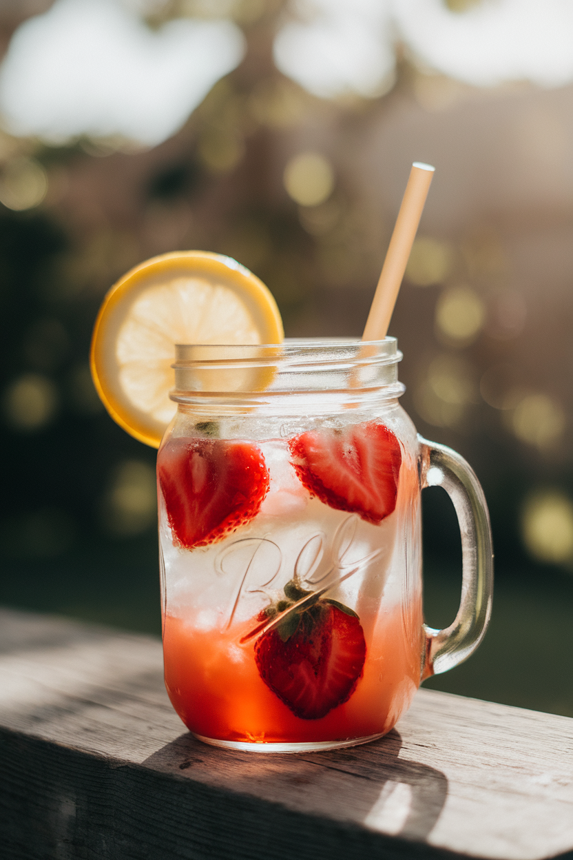 Indoor photo of mason jar glass with frothy strawberry lemonade mocktail, lemon wheel, paper straw; sunny countertop light; no text or logos.