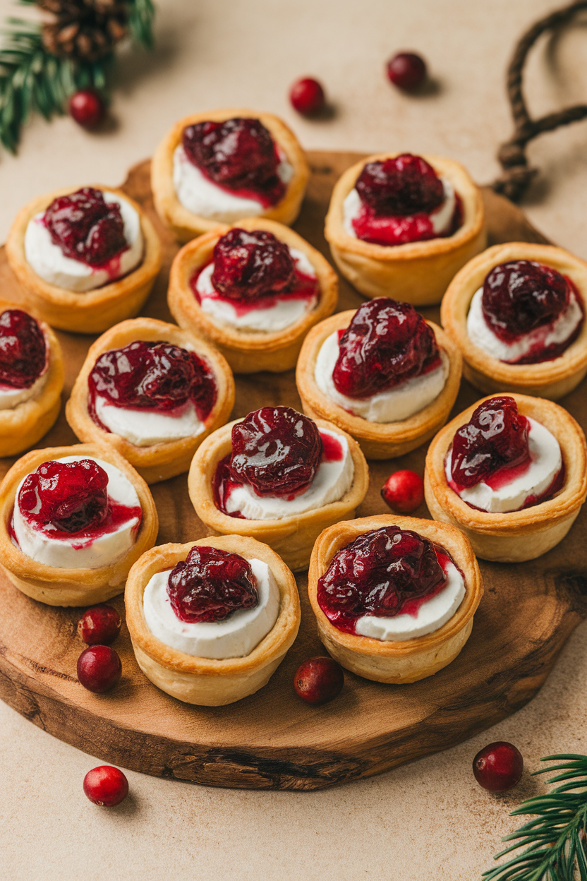 Indoor photo of mini puff-pastry cups filled with melted brie and cranberry sauce on a serving board; no text or logos