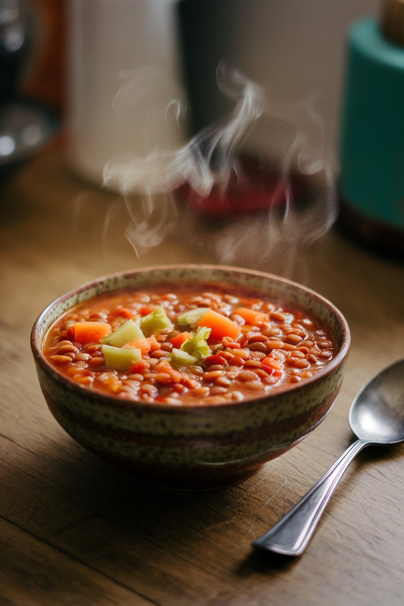 An indoor kitchen table featuring a steaming bowl of rustic lentil soup with visible carrots, celery, and tomatoes. No text or logos. Photo.