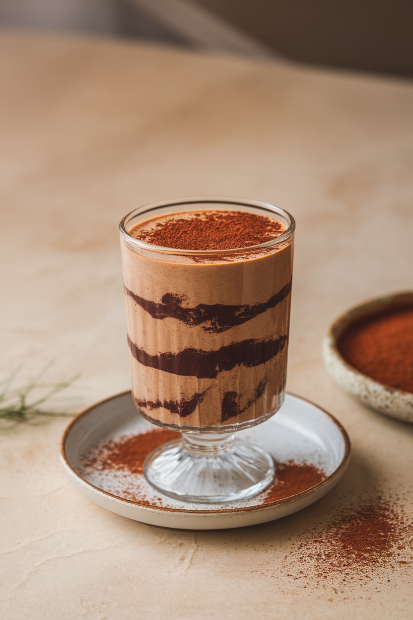 A glass parfait cup indoors layered with dark chocolate mousse made from sweet potatoes, cocoa powder dusted on top. No text or logos. Photo.