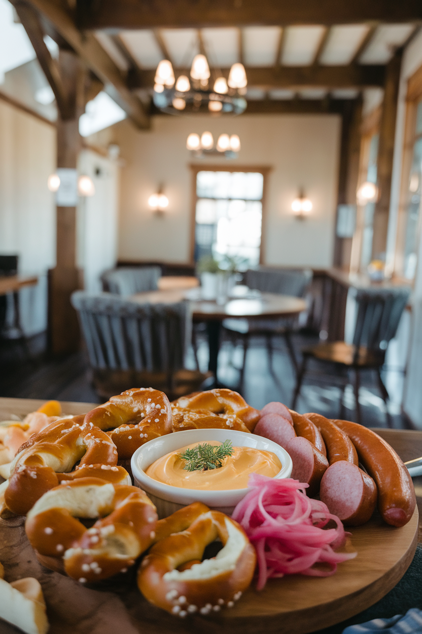 Indoor pub-style table featuring a board with soft pretzel bites, beer cheese dip, bratwurst slices, and pickled onions; no logos or text.
