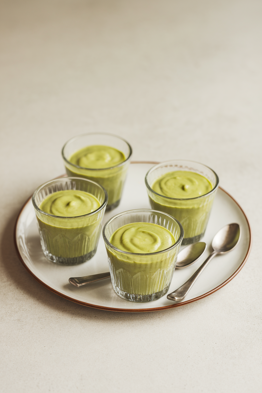 Small glass cups on an indoor dessert plate filled with smooth green avocado banana pudding, tiny spoons alongside. No text or logos.