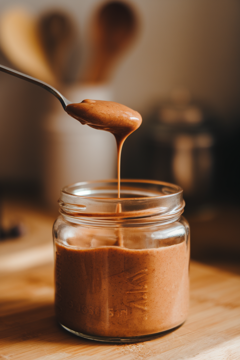 Indoor photo of almond butter dripping off a spoon back into a glass jar, cozy kitchen lighting; no text or logos