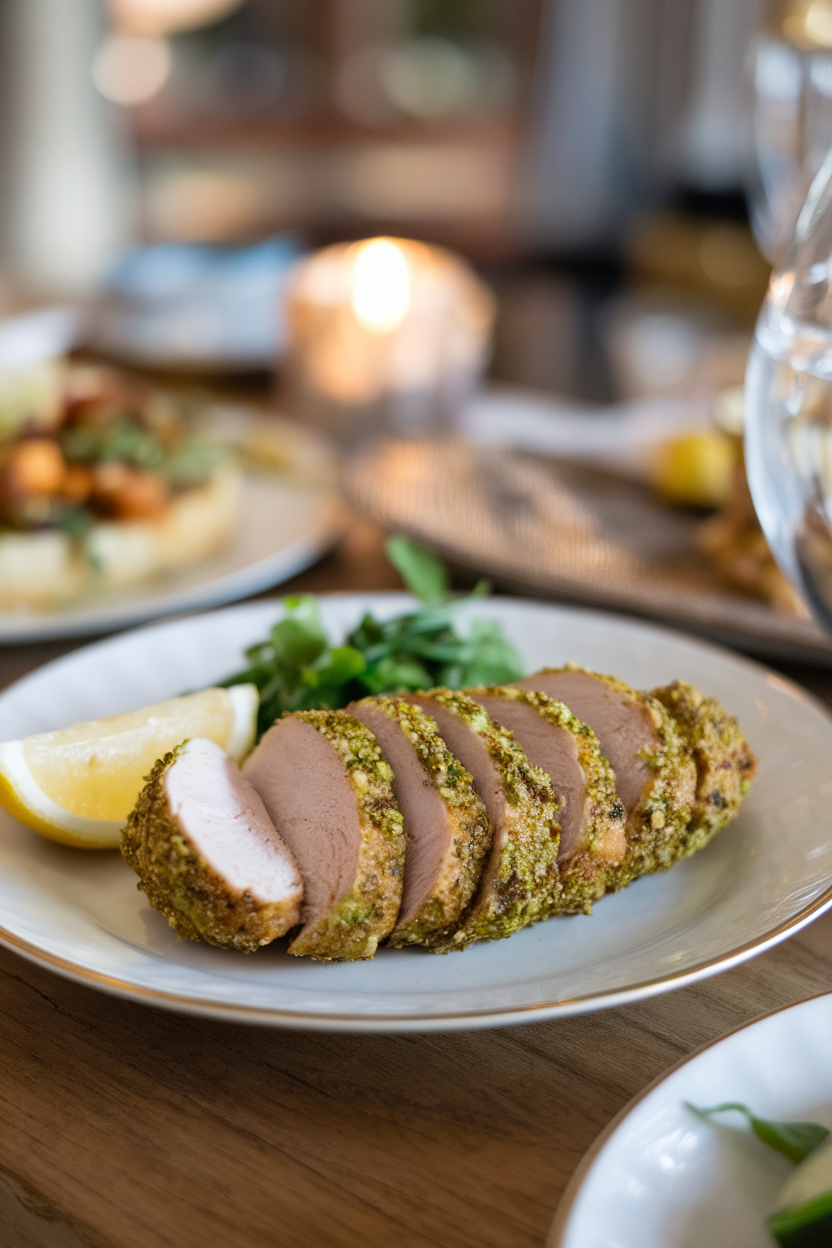 Indoor dining plate showcasing sliced chicken cutlet with a green pistachio crust, lemon wedge on side. No text or logos. Photo only.