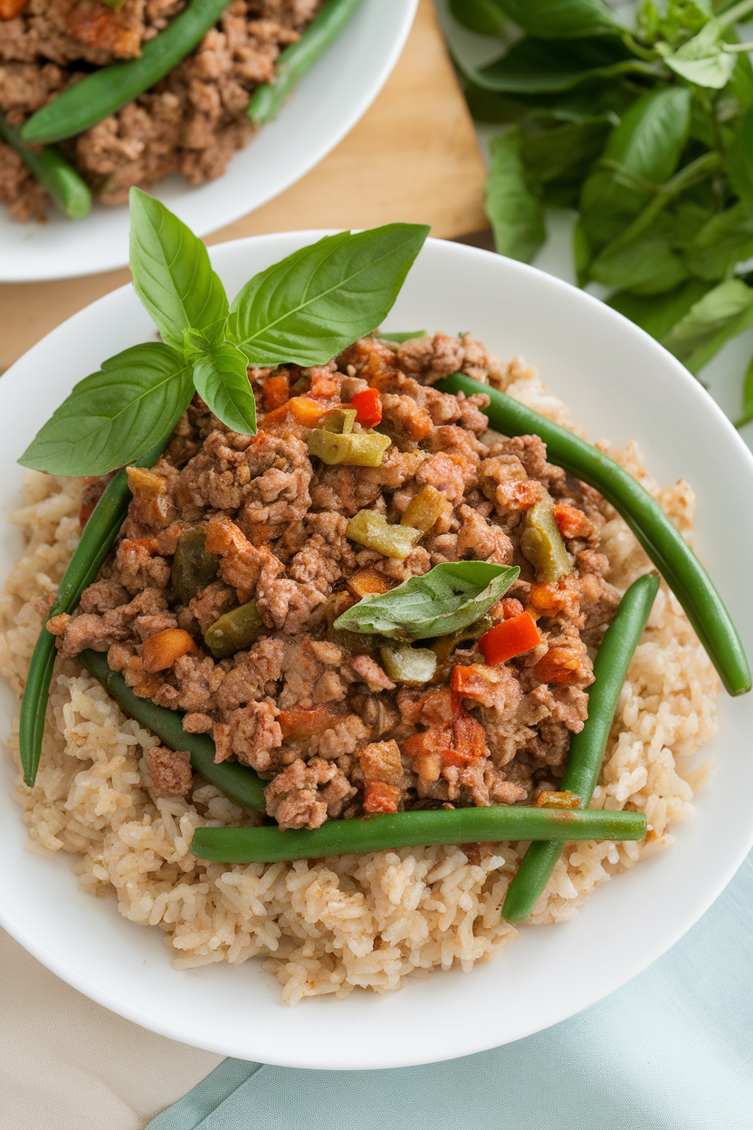 Indoor photo of a plate of ground turkey cooked with holy basil, green beans, and chilies, served over brown jasmine rice, no text or logos.