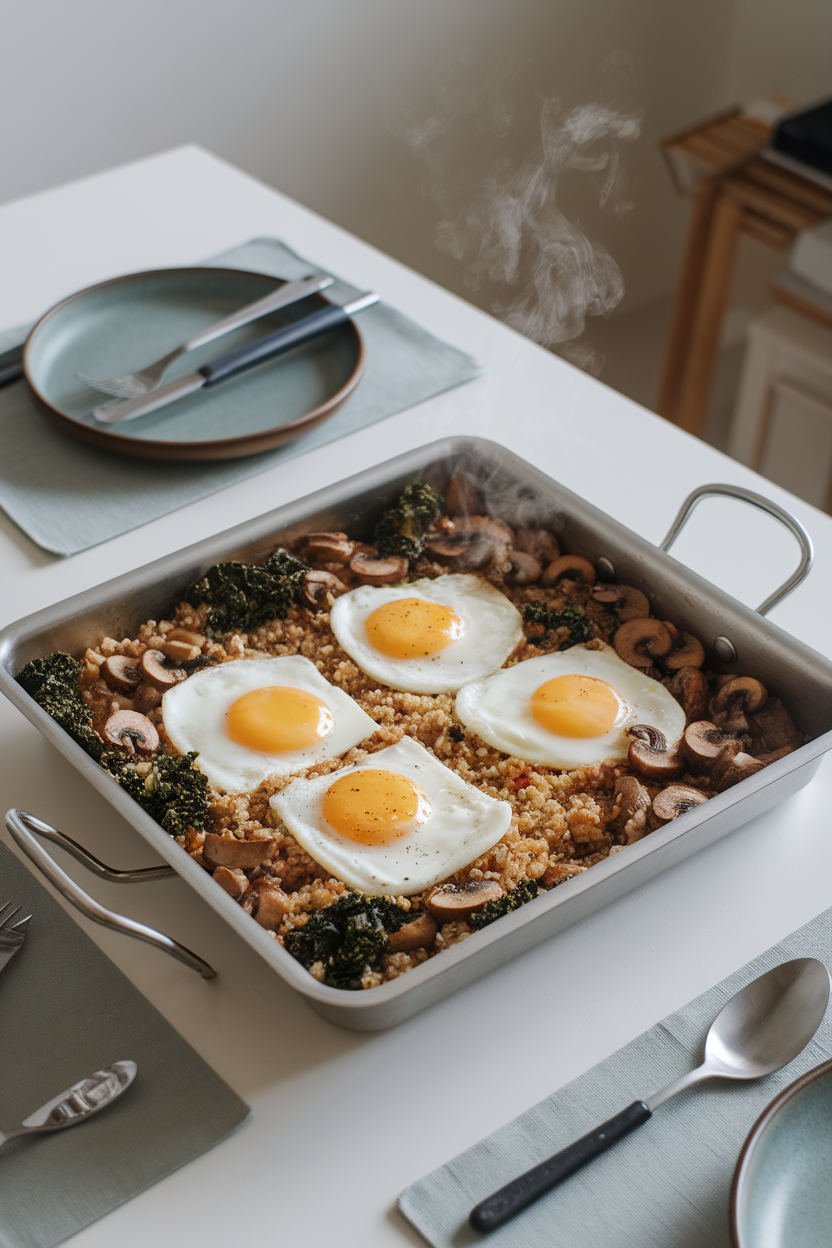 Indoor breakfast table showing a square pan of quinoa, sautéed mushrooms, kale, and whisked eggs cut into neat squares, steam visible. No logos or text.