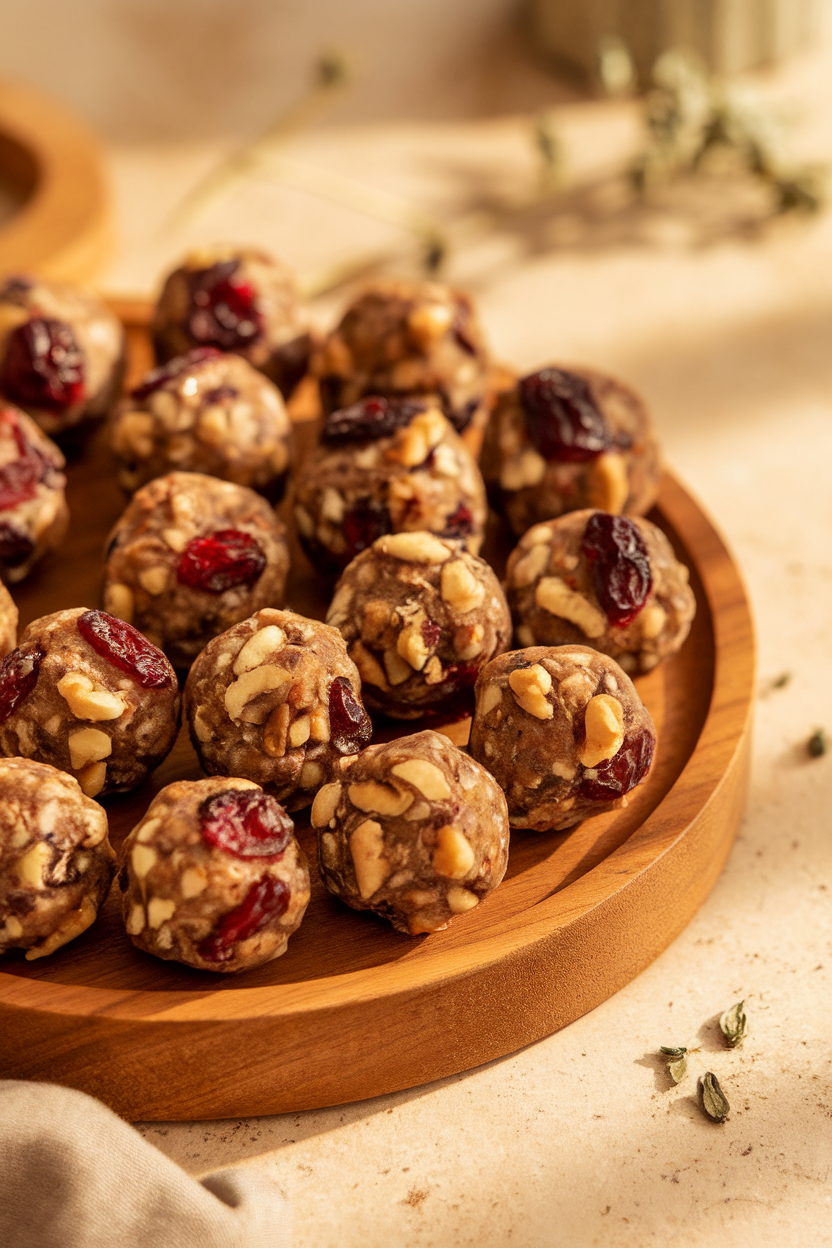 Photo of an indoor wooden platter holding cranberry walnut energy balls with visible ruby flecks of fruit. Warm lighting, no text or logos.