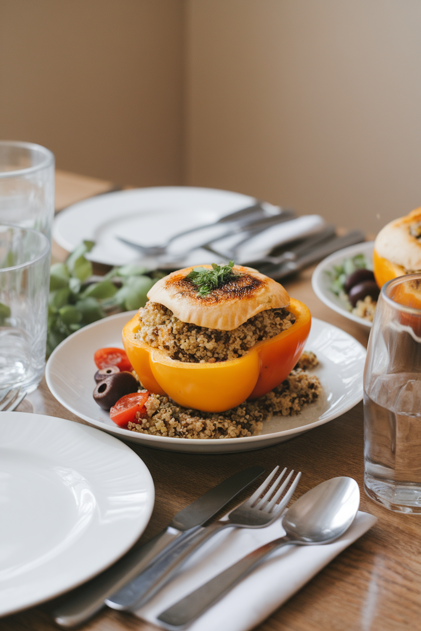 Indoor dining table showing a halved bell pepper stuffed with lemony quinoa and herb mix, lightly browned on top. No text or logos.